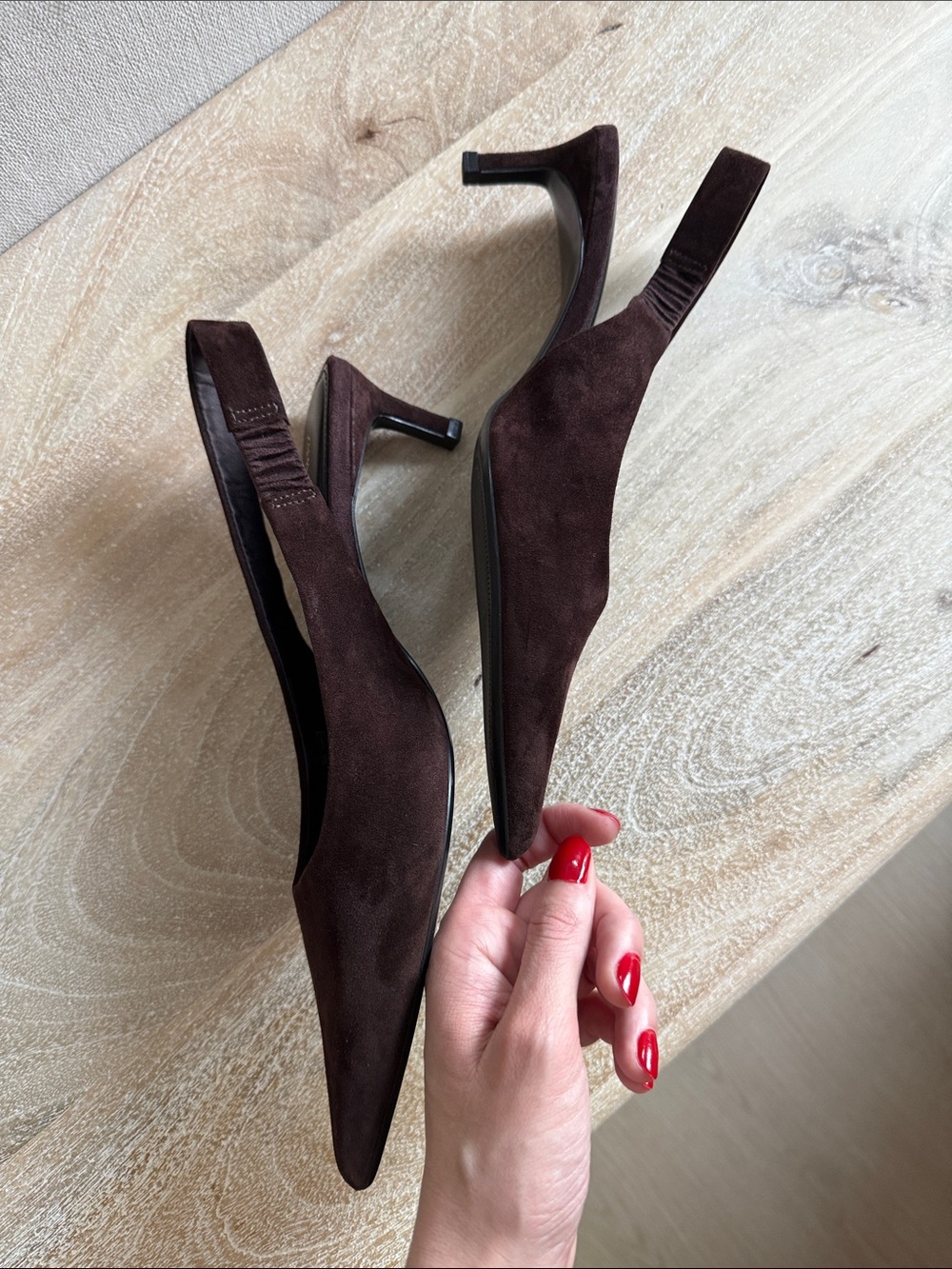ZARA Dark Brown Suede Pointed Slingback Heels - Picture 3 of 4